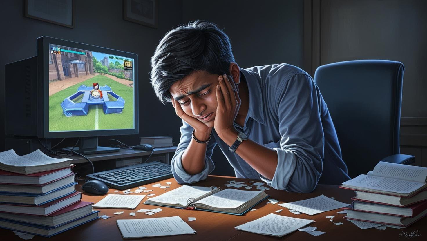 Een jongeman zit aan een bureau met open boeken en stapels papier. Hij kijkt vermoeid en gefrustreerd, met zijn handen op zijn wangen. Op de computerscherm achter hem is een videospel te zien.