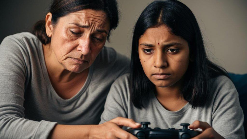 Een ouder - moeder - met een bezorgde uitdrukking kijkt naar beneden naar een jongere persoon die geconcentreerd naar een videospelcontroller kijkt.
