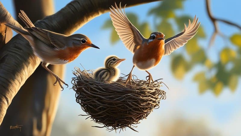 Een digitale schildering toont drie roodborstjes in een nest op een tak tegen een heldere lucht. Een volwassen roodborstje zit op de tak, een andere landt in het nest met uitgestrekte vleugels, en een jong zit in het nest. De ouder zorgt voor het jong.