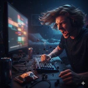 Door frustratie van het gamen slaat Nigel zijn toetsenbord kapot.